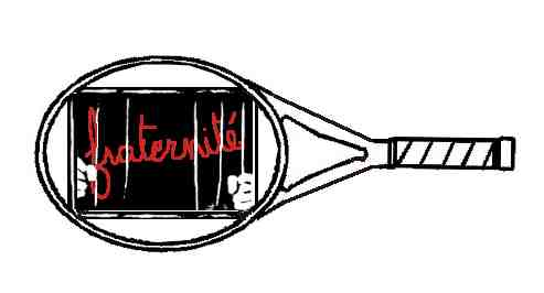 Une raquette de tennis avec les cordes remplacées par des barreaux de prison et, à l'intérieur de la cellule, le mot fraternité, en rouge sur fond noir.